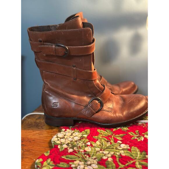 BORN Alamid Dark Tan Brown Leather Strappy Buckle Midcalf Boot Size 8 - Picture 3 of 9